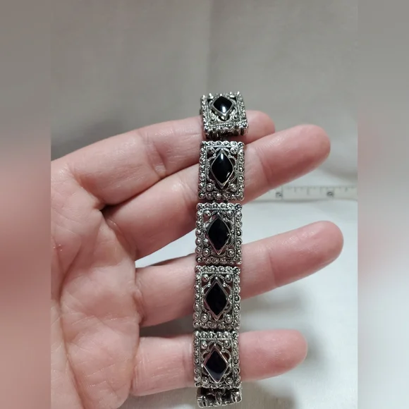 Vintage Silver Bracelet With Black Triangular Accents - Picture 1 of 4